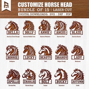 Könnte beinhalten: Ein digitales Download-Paket mit 15 lasergeschnittenen SVG-Dateien von Pferdeköpfen. Jedes Design zeigt eine andere Pferderasse, darunter American Cream Draught, American Bashkir Curly, American Miniature, American Paint, American Quarter, Avelignese, Bali, Barb, Belgian Draught, Boulonnais, Cleveland Bay, Colorado Ranger, Comtois, Connemara und Criollo.