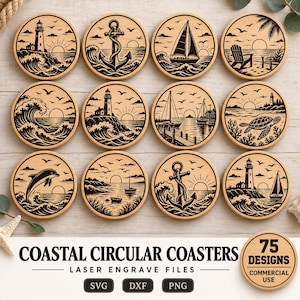 Könnte beinhalten: Eine Sammlung von zwölf runden Holzuntersetzern mit lasergravierten nautischen Motiven wie Leuchttürmen, Ankern, Segelbooten, einer Meeresschildkröte und einem Delfin. Der Text COASTAL CIRCULAR COASTERS LASER ENGRAVE FILES SVG DXF PNG ist sichtbar.