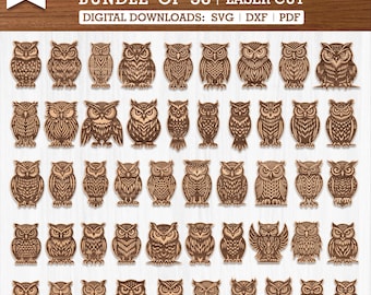 50 Bundle of Owl Laser Cut Svg Dxf Standing Owl - Owl Multilayer, Owl Laser Cut, Glowforge Svg, Laser cut mandala, Owl Laser Engrave, Cnc