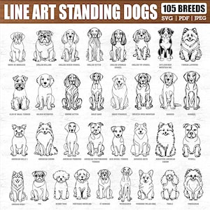 105 Breeds Sitting Dog Line Art SVG Bundle, Dog Cricut Files, Puppy Outline Clipart, Pet Lover Digital Cut File, Laser Cut Dog Sketch Art