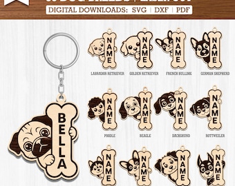 Pacote com 30 chaveiros personalizados com plaquinha de identificação em formato de osso em formato SVG | Arquivos para chaveiro de animais de estimação cortados a laser | Arquivos de corte para plaquinhas de identificação de cachorro gravadas na Glowforge, gravação a laser