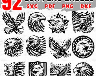 92 USA Flag Eagle SVG DXF Bundle for Cricut Crafts, Patriotic Bird Silhouette Clipart, American Eagle Cut Files for 4th of July and Military