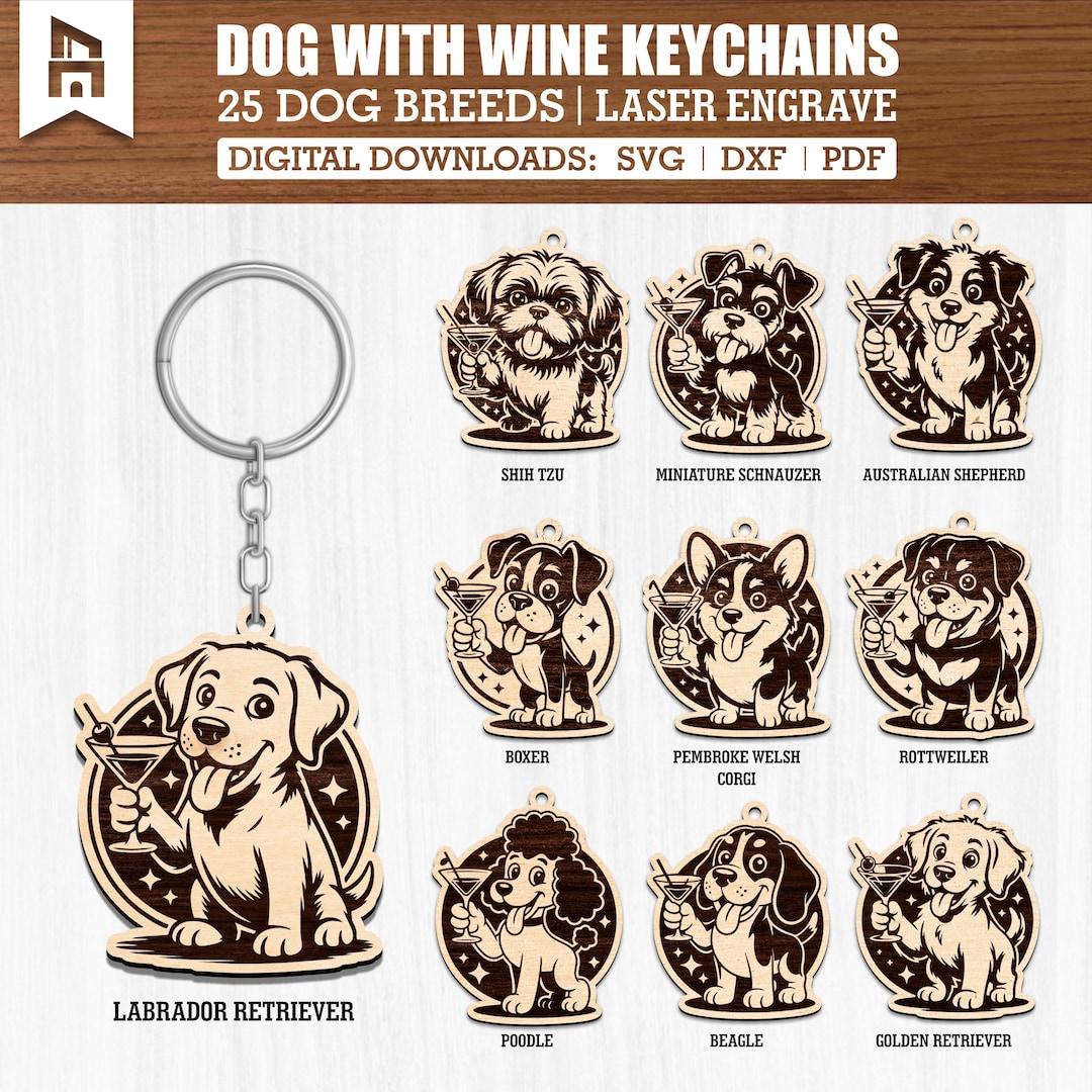 25 Funny Dog Breeds Laser Engraved Keychain SVG Bundle Png Pdf Dxf ...