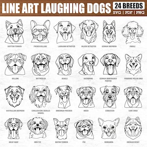24 Laughing Dog Head Breeds Svg Dxf Png Pdf Bundle for Cricut and Laser Cut Crafts, Line Art Pet Silhouette Files for Dog Lovers and Decor