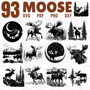 93 Moose Clipart Bundle SVG PNG Pdf Dxf | Wildlife Forest Animal Silhouette Files for Cricut | Rustic Mountain Nature Scene Designs