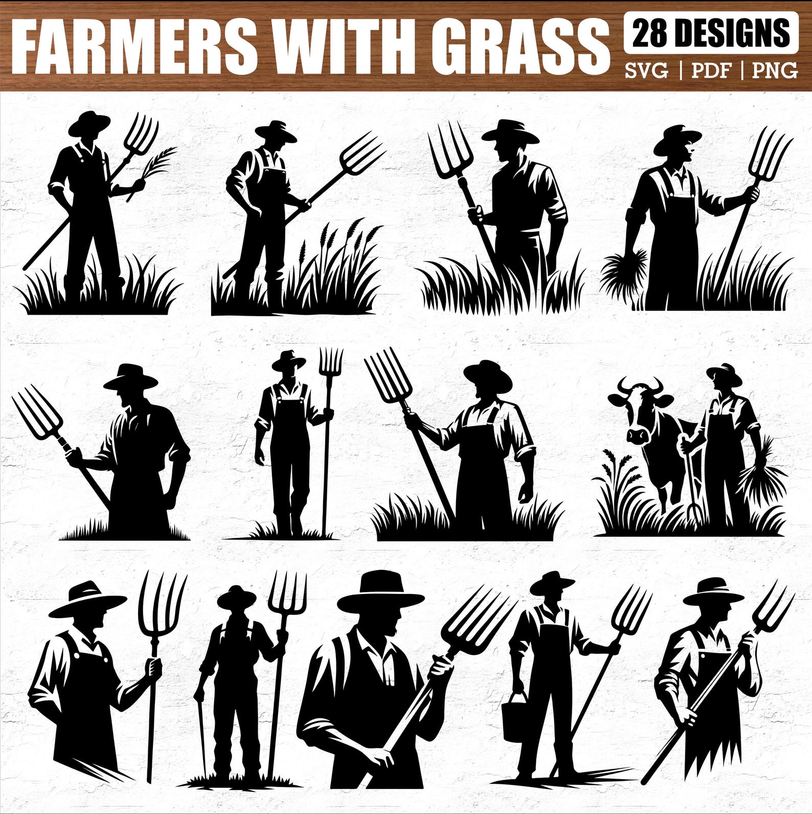 Rustic Farmer SVG Bundle With Pitchfork and Grass Elements for Cricut ...