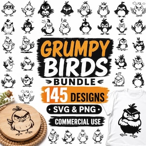 Pode incluir: Um pacote de designs digitais intitulado Grumpy Birds Bundle, contendo 145 designs em formatos SVG e PNG para uso comercial. A imagem exibe inúmeras ilustrações em preto e branco de pássaros zangados, um porta-copos de madeira e uma camiseta branca.