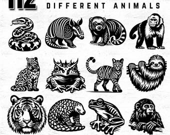 112 Jungle Animals Svg DXF PNG PDF Bundle for Cricut, Sublimation, Prints, and Laser Cut Crafts, Tropical Wildlife Clipart Set