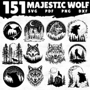 151 Wolf with Forest Clipart Bundle SVG PNG PDF Dxf | Wild Wolf Silhouette Scene Files | Woodland Wildlife Cricut Laser Designs