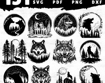 151 Wolf with Forest Clipart Bundle SVG PNG PDF Dxf | Wild Wolf Silhouette Scene Files | Woodland Wildlife Cricut Laser Designs