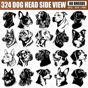 May include: A collection of 80 different dog breeds, each depicted in a black and white side profile illustration. The title "324 Dog Head Side View" is at the top of the image, along with the text "80 Breeds" and "SVG | PDF | PNG".