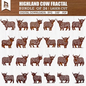 24 Fraktal Highland Kuh Laser Cut Bundle | Highland Kuh SVG DXF Designs für Glowforge, CNC, Lasergravur, Bauernhaus Wandkunst