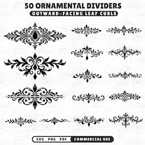 Peut inclure: Ensemble de séparateurs ornementaux noirs avec des volutes de feuilles orientées vers l'extérieur. L'image présente 50 motifs différents, chacun avec des motifs floraux et de volutes complexes. Le texte en haut indique "50 ORNAMENTAL DIVIDERS" et "OUTWARD-FACING LEAF CURLS".