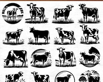 Paquete SVG de vaca en el pasto / 64 diseños de siluetas de vacas de granja para cortar con Cricut / Archivos vectoriales PNG y PDF de animales de campo para manualidades