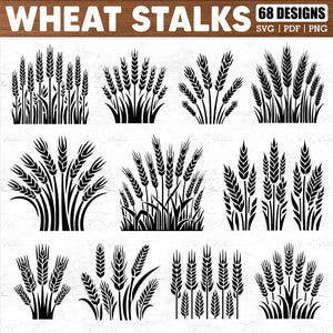 May include: A set of 68 black and white wheat stalk illustrations. The illustrations are in various styles and sizes, and some include a simple representation of grass.