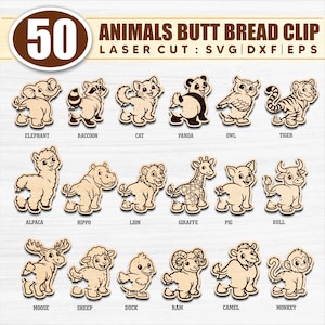 May include: Wooden animal-shaped bread clips. The image shows 18 different animal designs, including an elephant, raccoon, cat, panda, owl, tiger, alpaca, hippo, lion, giraffe, pig, bull, moose, sheep, duck, ram, camel, and monkey. The text reads "50 ANIMALS BUTT BREAD CLIP".