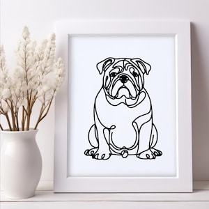 May include: A black and white line art print of a bulldog sitting. The print is framed in a white frame.