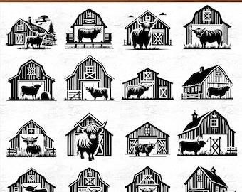 20 Highland Cow on Barn SVG Bundle for Cricut and Laser Cut, Farmhouse Silhouette PNG PDF Files for Rustic Country Home Decor Projects
