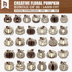 May include: A bundle of 30 laser-cut wooden pumpkin designs, featuring floral and heart patterns. The pumpkins are in light and dark wood tones. The text "CREATIVE FLORAL PUMPKIN" and "BUNDLE OF 30 | LASER CUT" is displayed.