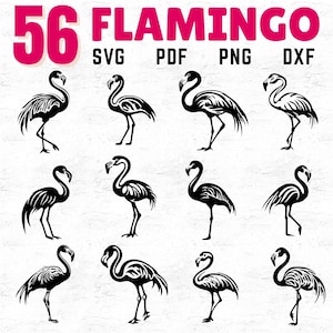 56 Flamingo SVG DXF PDF Bundle for Cricut Crafts, Tropical Bird Silhouette Clipart, Flamingo Cut Files for Summer, Beach, and Party Projects