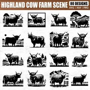 Highland Cow Farm Scene SVG Bundle with 80 Rustic Designs for Cricut and Silhouette, Farm Animal PNG Pdf Cut Files for DIY Crafts