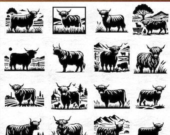 Highland Cow Farm Scene SVG Bundle with 80 Rustic Designs for Cricut and Silhouette, Farm Animal PNG Pdf Cut Files for DIY Crafts