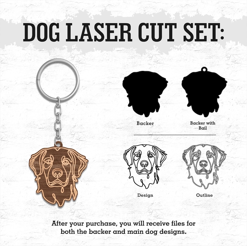 May include: Laser cut dog keyring set. The set includes a brown wooden dog silhouette, a black silhouette of the dog, and a line drawing of the dog. The text "Backer", "Backer with Bail", "Design", and "Outline" are below the images.
