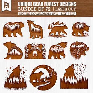 Könnte beinhalten: Eine Sammlung von lasergeschnittenen Holzbär-Designs mit Waldszenen. Die Designs zeigen Bären in verschiedenen Posen, mit Bäumen, Bergen und anderen Naturelementen. Der Text "UNIQUE BEAR FOREST DESIGNS" und "BUNDLE OF 72" ist sichtbar.