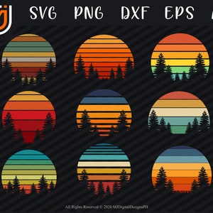 May include: Nine retro sunset designs featuring a silhouette of pine trees in front of a multi-coloured sunset. The colours in the sunsets are red, orange, yellow, green, and blue.