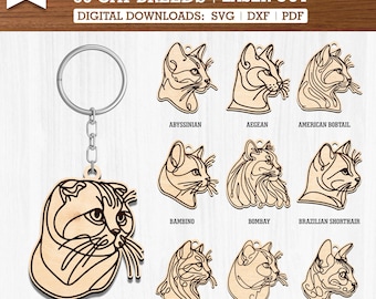 80種猫の頭 サイドビュー SVG バンドルキーチェーン（留め具付き） - 猫のオーナメント、多層レーザーカットデザイン、Glowforge CNCプラズマカットファイル