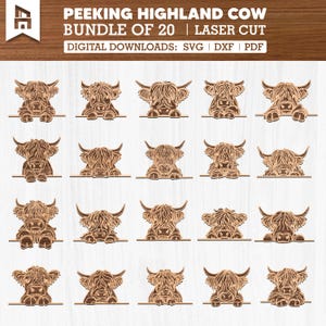 20 Peeking Highland Cow Svg Dxf Pdf Bundle for Laser Cut and Engrave, Rustic Farm Animal Designs for Wood Signs, Gifts, and Wall Decor
