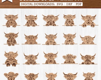 20 Peeking Highland Kuh SVG Dxf Pdf Bundle für Laser-Schnitt und Gravur, Rustikale Bauernhof Tier Designs für Holzschilder, Geschenke und Wanddekor