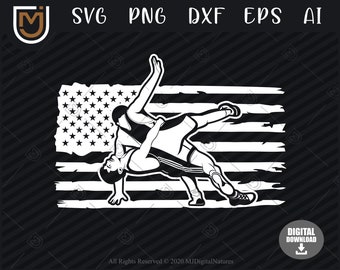 Wrestling SVG Files American Flag #02 - Sports Svg, Wrestler Svg, Wrestle SVG, Cut File, Silhouette, Clipart, PNG for Wrestling Lovers