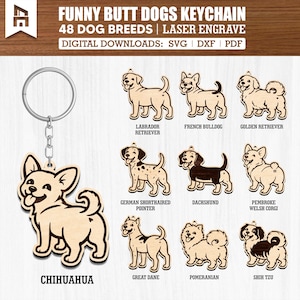 Op de afbeelding: Een houten sleutelhanger met een Chihuahua-hondenontwerp, met een zilveren ketting en ring. De afbeelding toont verschillende met laser gegraveerde hondenrassen, waaronder Labrador Retriever, Franse Bulldog en Golden Retriever. De tekst op de afbeelding luidt "FUNNY BUTT DOGS KEYCHAIN".