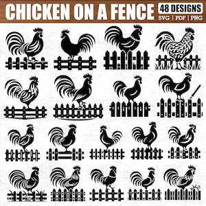 Chicken on Fence SVG Bundle | 48 Rooster Silhouette Designs for Cricut Crafts | Rustic Farm PNG PDF Cut Files for Farmhouse Decor