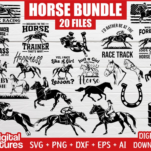 20 fichiers bundle Horse Racing SVG - Race Track Horse SVG, Barrel Racing Svg pour les coureurs de chevaux