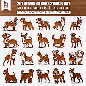 Könnte beinhalten: Ein digitaler Download von 207 stehenden Hunderassen-Schablonen zum Laserschneiden. Das Bild zeigt eine Vielzahl von Hunderassen in Silhouette, darunter eine Bulldogge, ein Chihuahua, eine Mops und ein Pudel. Der Text "207 Standing Dogs Stencil Art", "60 Dog Breeds", "Laser Cut" und "Digital Downloads: SVG DXF PDF" ist im Bild sichtbar.