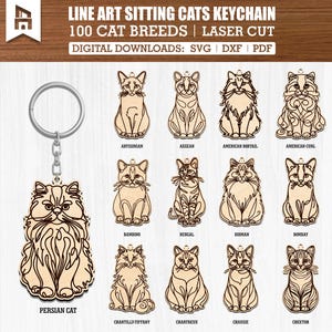 May include: Wooden keychain featuring a Persian cat design, with a silver-colored keyring. The image also displays various laser-cut cat breeds, including Abyssinian, Aegean, American Bobtail, and others. Text reads "LINE ART SITTING CATS KEYCHAIN".