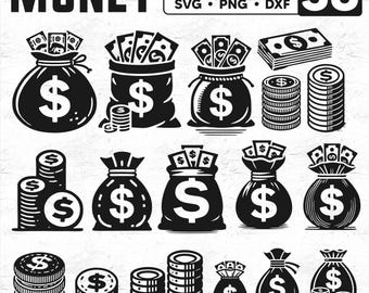 Paquete de 38 paquetes de monedas y billetes en formato svg - paquete de monedas svg, dólar svg, bolsa de dinero svg, descarga digital