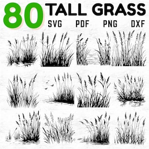 Könnte beinhalten: Schwarz-Weiß-Illustrationen von hohem Gras in verschiedenen Anordnungen. Das Bild enthält den Text "80 TALL GRASS" mit Dateityp-Indikatoren: SVG, PDF, PNG und DXF. Die Grasdesigns variieren in Form und Dichte.