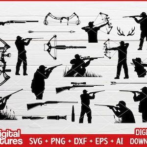 SVG-Bundle Jagdausrüstung – Bogenjagd-SVG, Hirschjagd-SVG, Jagd-Cliparts, Bogenschieß-SVG, Hirschjäger-SVG für Jäger