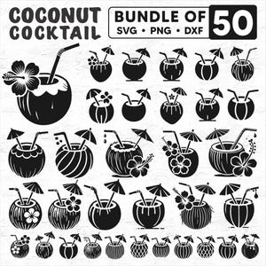 May include: A set of 50 black and white SVG, PNG, and DXF digital cut files featuring a coconut cocktail with a straw and umbrella. The files are perfect for creating crafts, decorations, and more.
