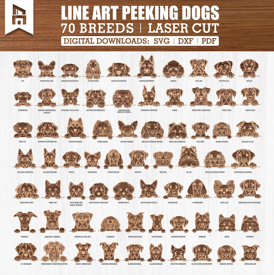 Line Art 70 Breeds Peeking Dog Bundle Svg Pdf Dxf - Dog Ornaments, Dog ...