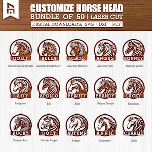 Puede incluir: Un paquete de descarga digital de 50 archivos SVG de cabeza de caballo cortados con láser. La imagen muestra una cuadrícula de 15 diseños de cabeza de caballo, cada uno con un nombre de raza diferente y una silueta única. Los diseños son perfectos para crear regalos personalizados, decoración del hogar y mucho más.