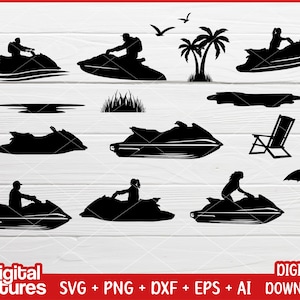 May include: A set of black silhouette SVG cut files featuring a jet ski, palm trees, a beach chair, an umbrella, and people riding jet skis.  The files are for digital download only.