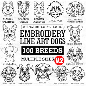 100 hundraser broderidesign version 2, linjekonst hundbroderifiler, digital nedladdning för husdjursälskare, maskinbroderi Dst Pes Exp Jef