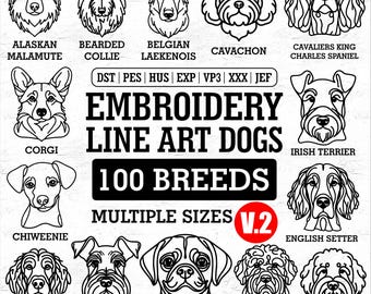 100 Dog Breeds Embroidery Design Version 2, Line Art Dog Embroidery Files, Pet Lover Digital Download, Machine Embroidery Dst Pes Exp Jef
