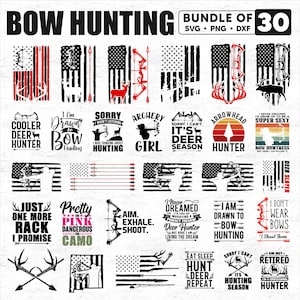 Peut inclure: Un ensemble de 30 designs numériques pour la chasse à l'arc. Les designs présentent une variété de thèmes, notamment la chasse au cerf, le tir à l'arc et le camouflage. Les designs sont en noir et blanc et présentent une variété de polices et de graphismes.