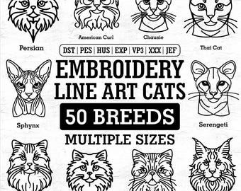 Line Art Cats 50 Breeds Cat Bundle Machine Embroidery 5 Sizes - Cat Embroidery File, Digital Embroidery, Embroidery Designs, Pet Embroidery
