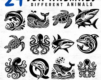 24 Sea Animals SVG DXF PNG Pdf Bundle for Cricut, Sublimation, Prints, and Laser Cut Crafts, Ocean Wildlife Clipart Collection